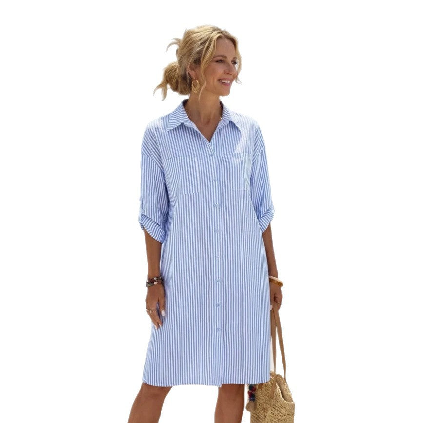 Gestreiftes Damen-Kleid mit Knopfleiste – Bild 3 | LuxeStyle