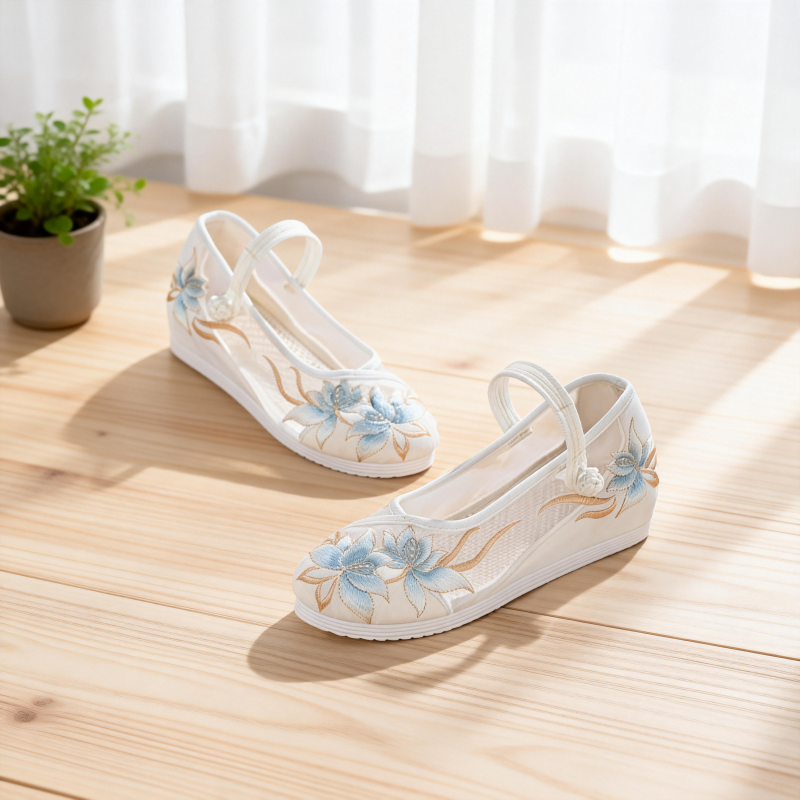 Bestickte Sommer-Mesh-Sandalen mit Keilabsatz