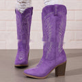 Pointed Mid-Heel Denim Boots mit Blumenstickerei