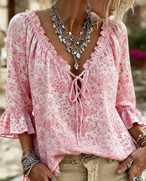 V-Neck Leinen-Imitat Bluse mit Print und Bindeband