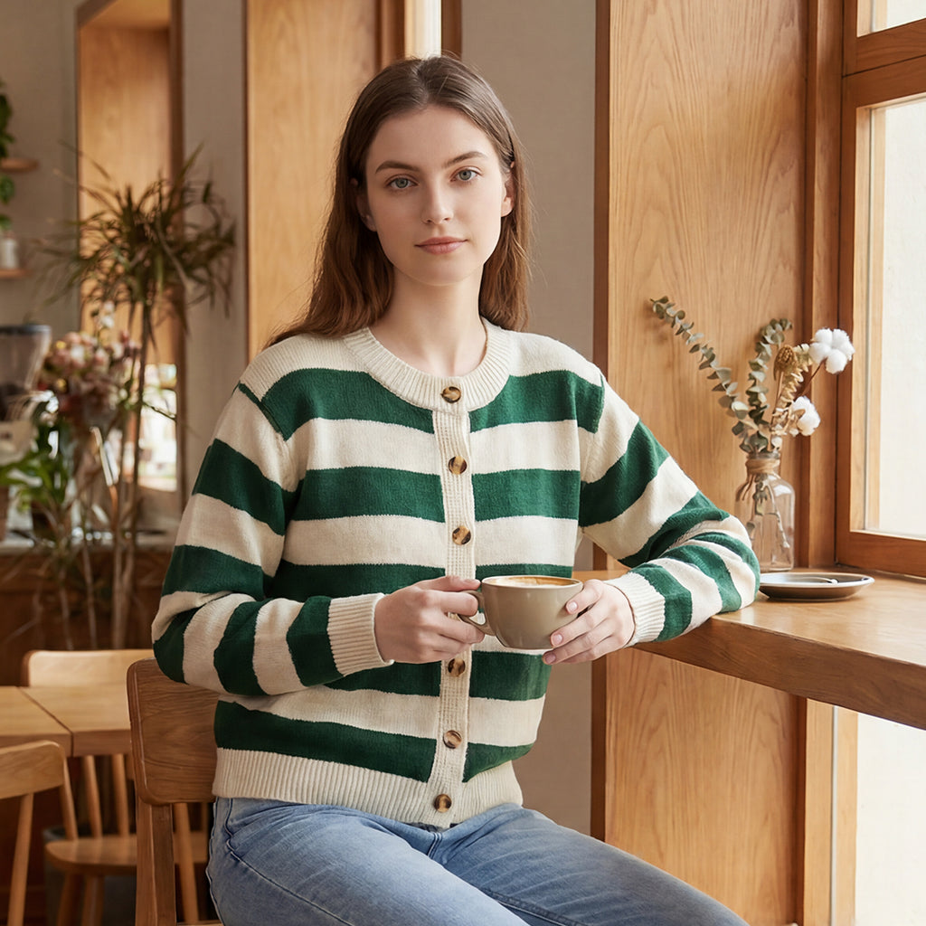 Gestreifter Strick-Cardigan Grün-Weiss
