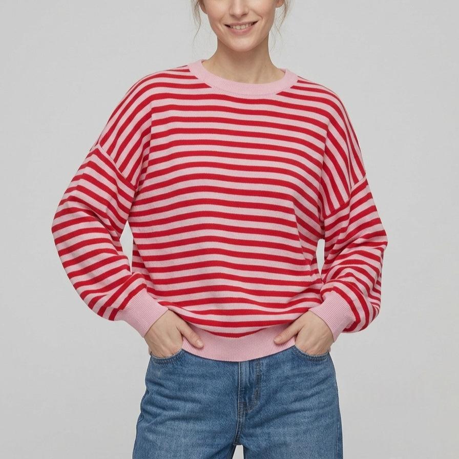 Rückenfreier gestreifter Color-Block Langarmstrickpullover