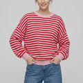 Rückenfreier gestreifter Color-Block Langarmstrickpullover
