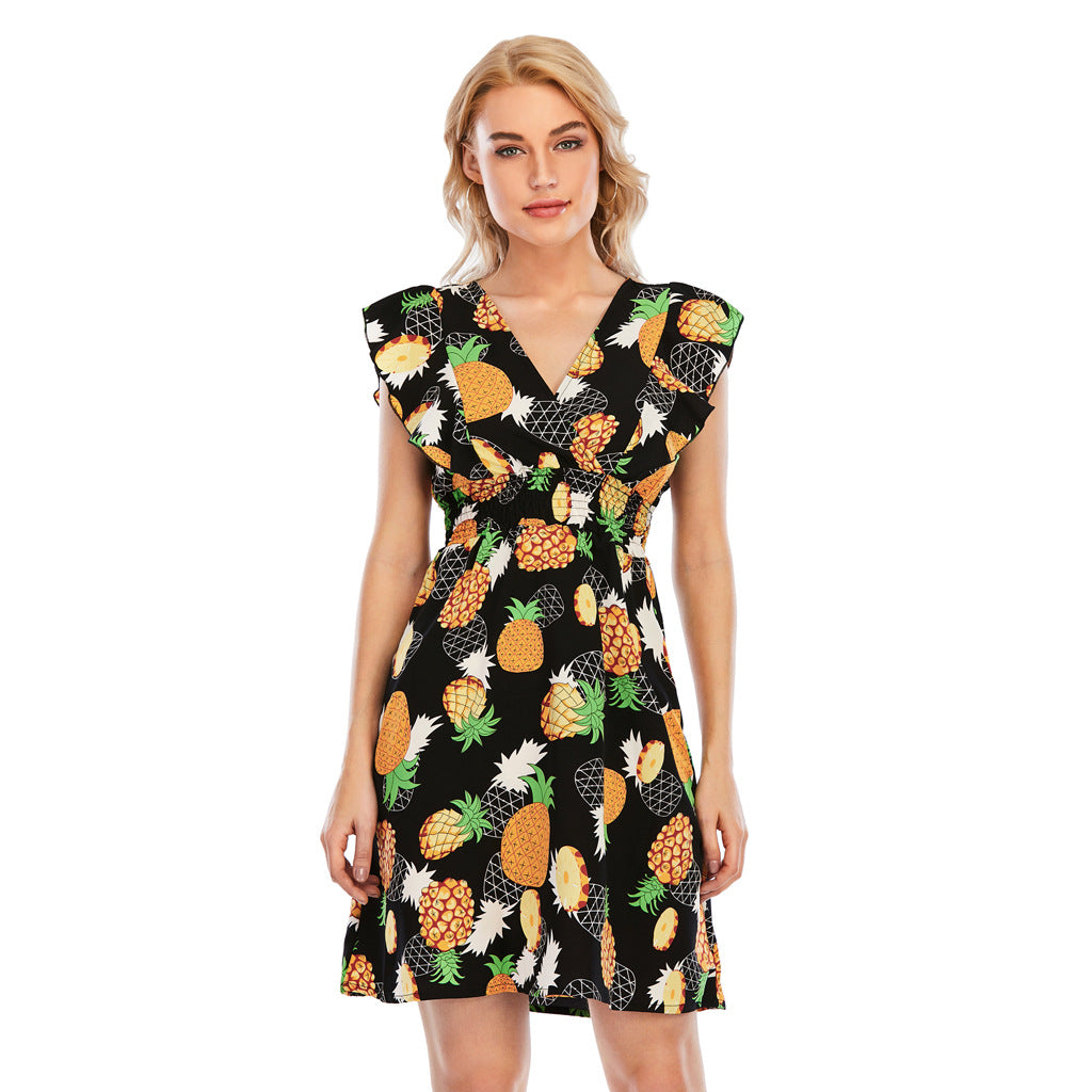 V-Ausschnitt Chiffon Ärmelloses Rüschenkleid