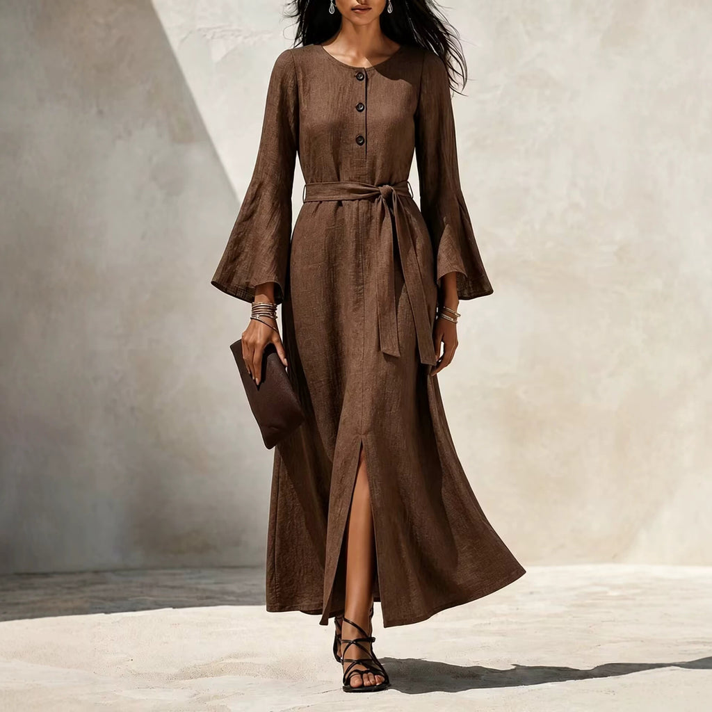 Damen Casual Leinenkleid mit ausgestellten Ärmeln
