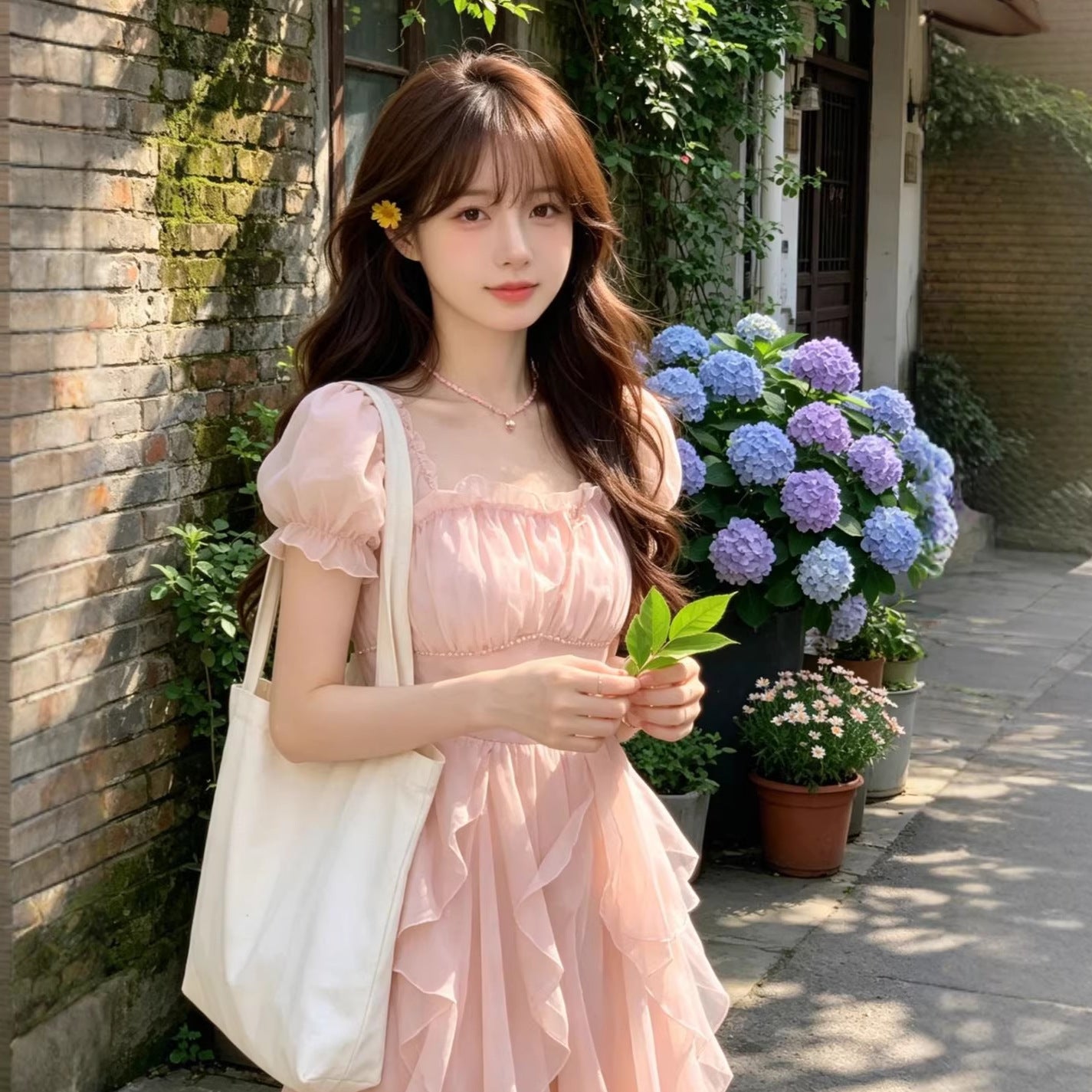 Französisches Midi-Kleid mit Puffärmeln