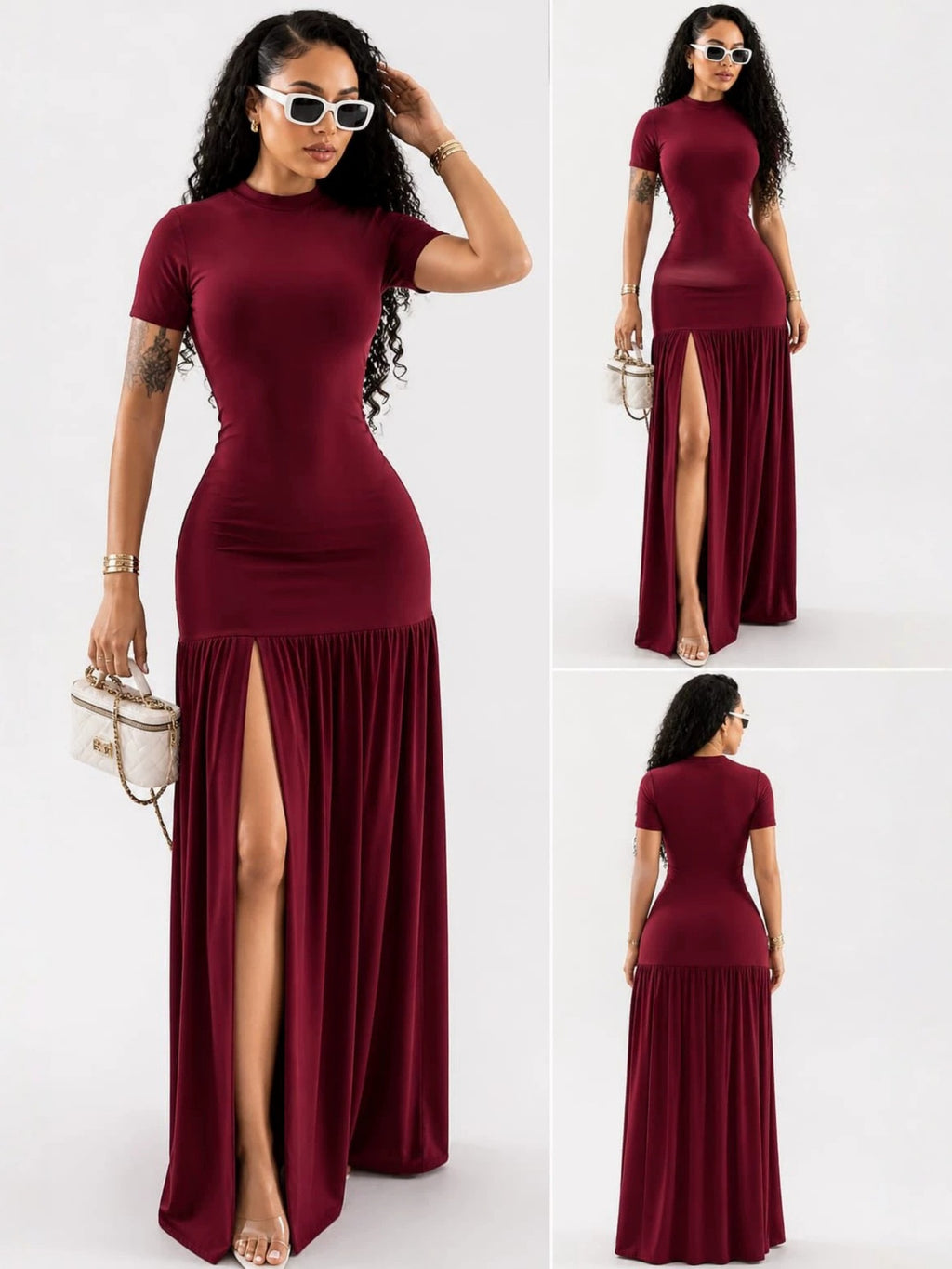Elegantes Slim-Fit Rundhals-Kleid mit Schlitz – Bild 6 | LuxeStyle