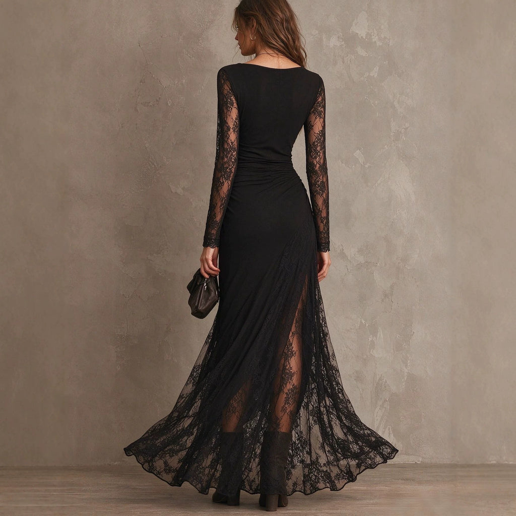 Schwarzes Maxi-Kleid mit Spitze – Bild 3 | LuxeStyle