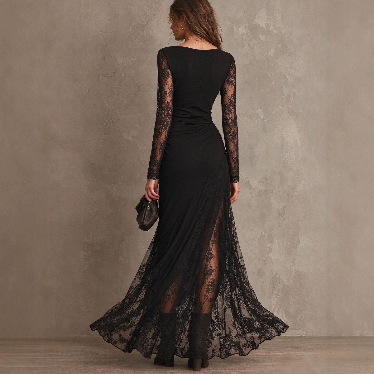 Schwarzes Maxi-Kleid mit Spitze – Bild 3 | LuxeStyle