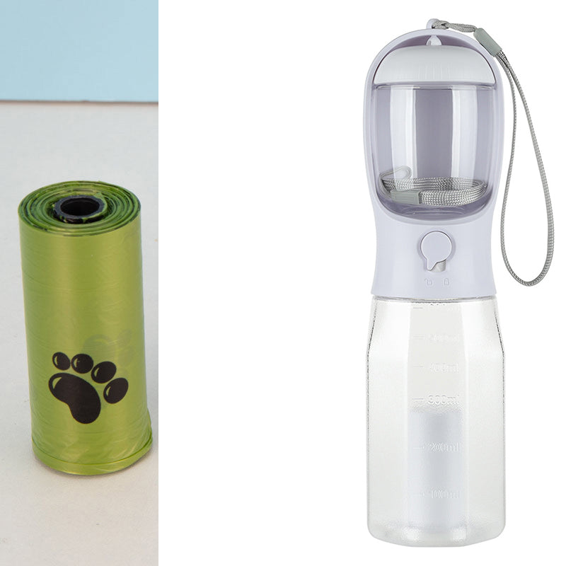 3-in-1 Trinkflasche für Haustiere mit Futter & Kotbeutel