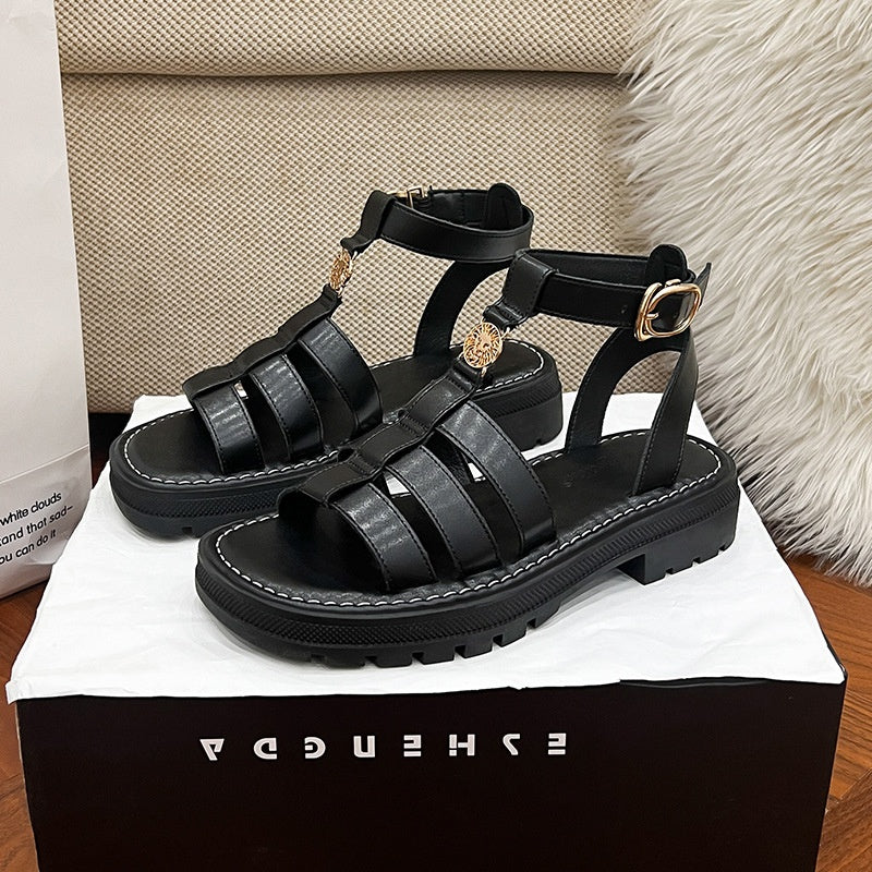 Retro-Sandalen aus echtem Leder mit Plateau
