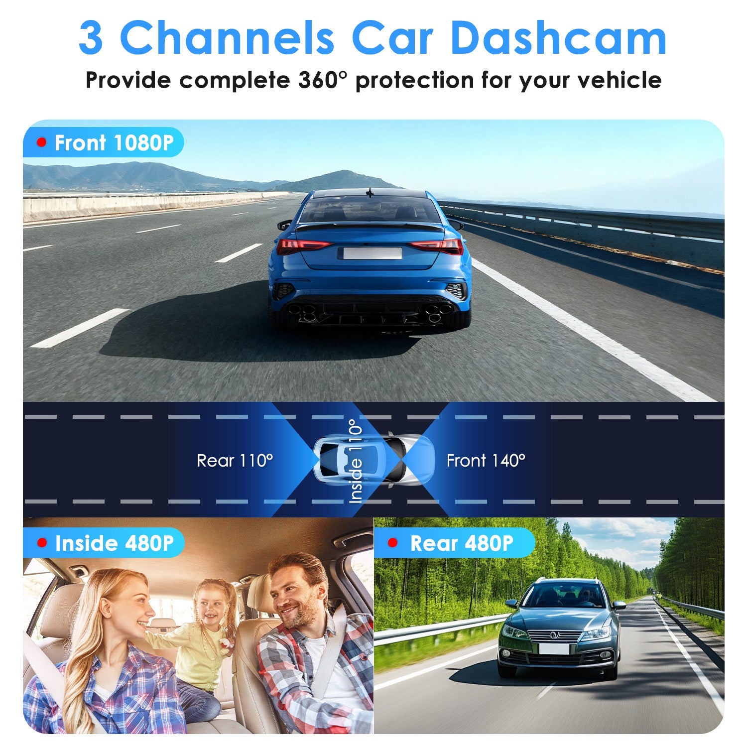 3-Kanal-Dashcam mit 1080p und Nachtsicht