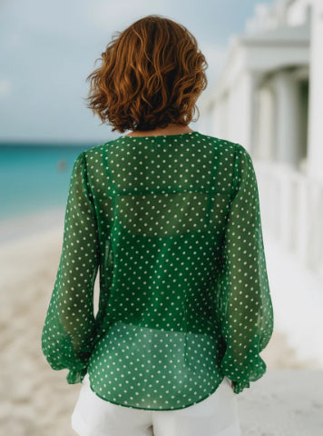 Grünes Polka-Dot V-Neck Langarmshirt
