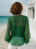 Grünes Polka-Dot V-Neck Langarmshirt