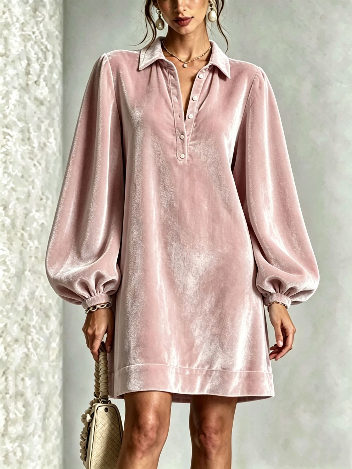 Elegantes Samtblusen-Kleid mit Laternenärmel | LuxeStyle