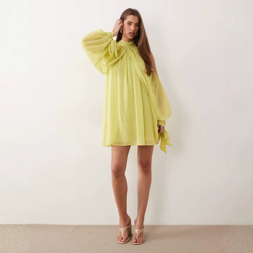 Gelb, Puffärmel Kleid mit Schnürdetail