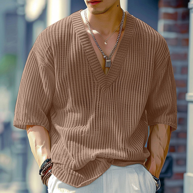 Geripptes V-Neck T-Shirt mit halbem Arm