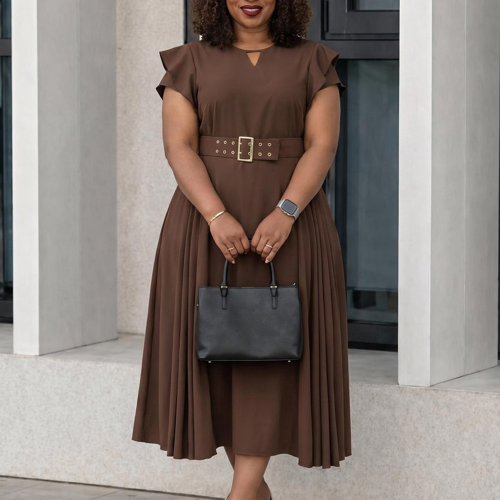 Midi-Plisseekleid mit Rüschenärmeln und Gürtel
