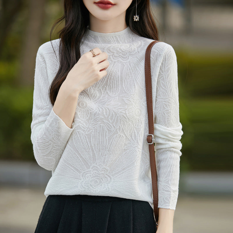 Feingestricktes Langarmshirt aus Wolle mit Stehkragen