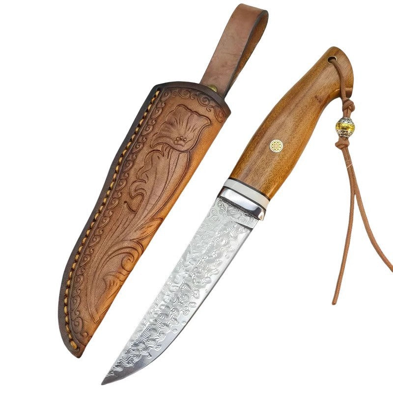 Portables Damast-Outdoormesser aus Sandeisenholz – Ansicht 3