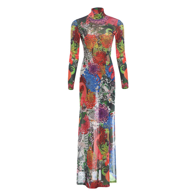 Bedrucktes Langarm-Kleid mit Stehkragen & hohem Schlitz – Bild 6 | LuxeStyle