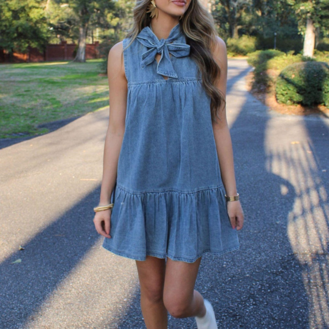 A-Linien-Kleid mit Bogenknopf, Denimblau – Bild 7 | LuxeStyle