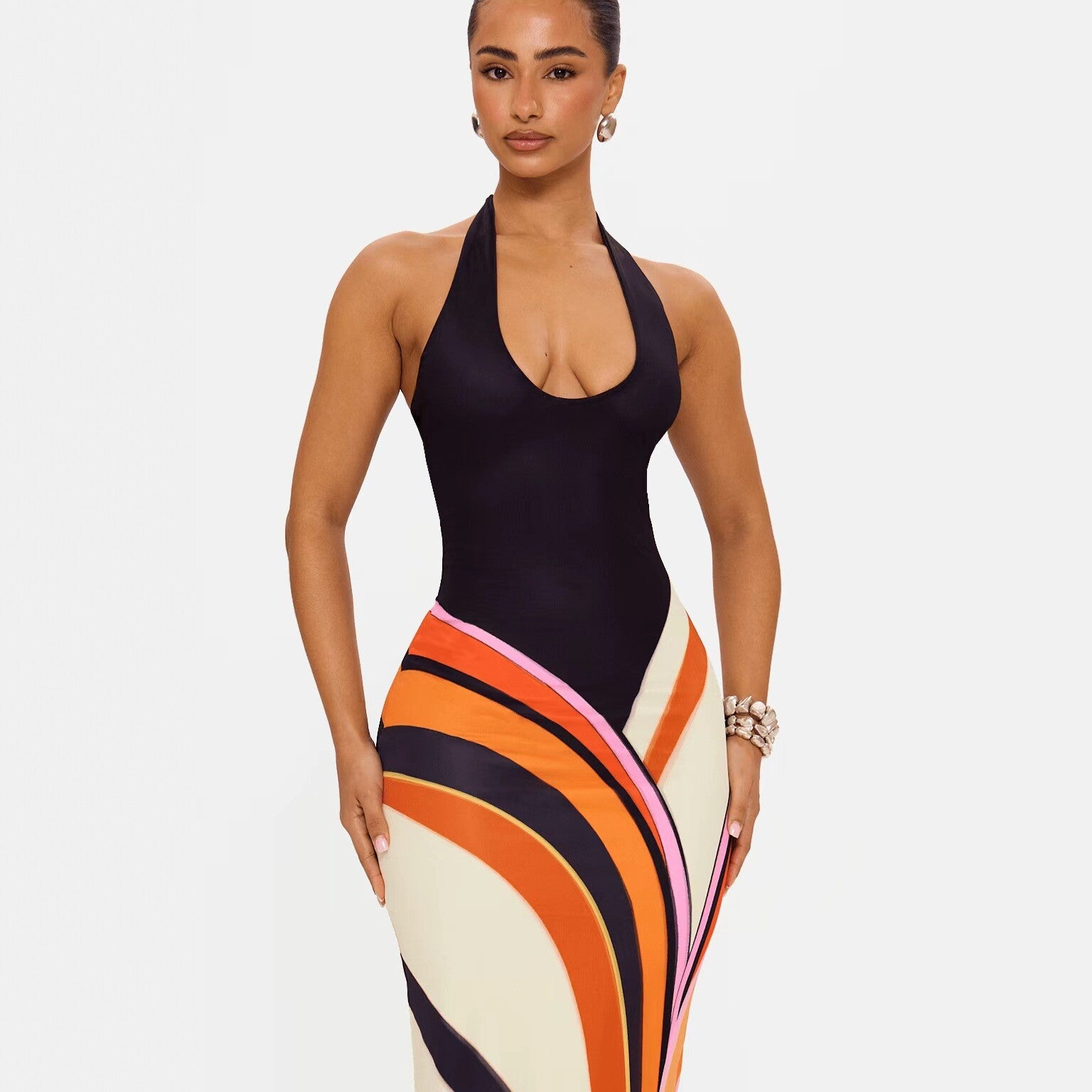 Figurbetontes Neckholder Maxikleid mit Farbblock
