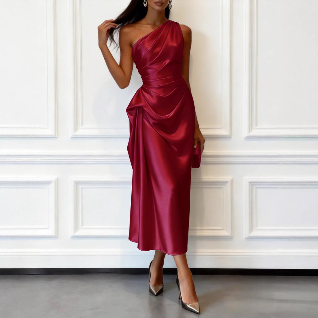Satin Off-Shoulder Midikleid mit hoher Taille – Bild 2 | LuxeStyle
