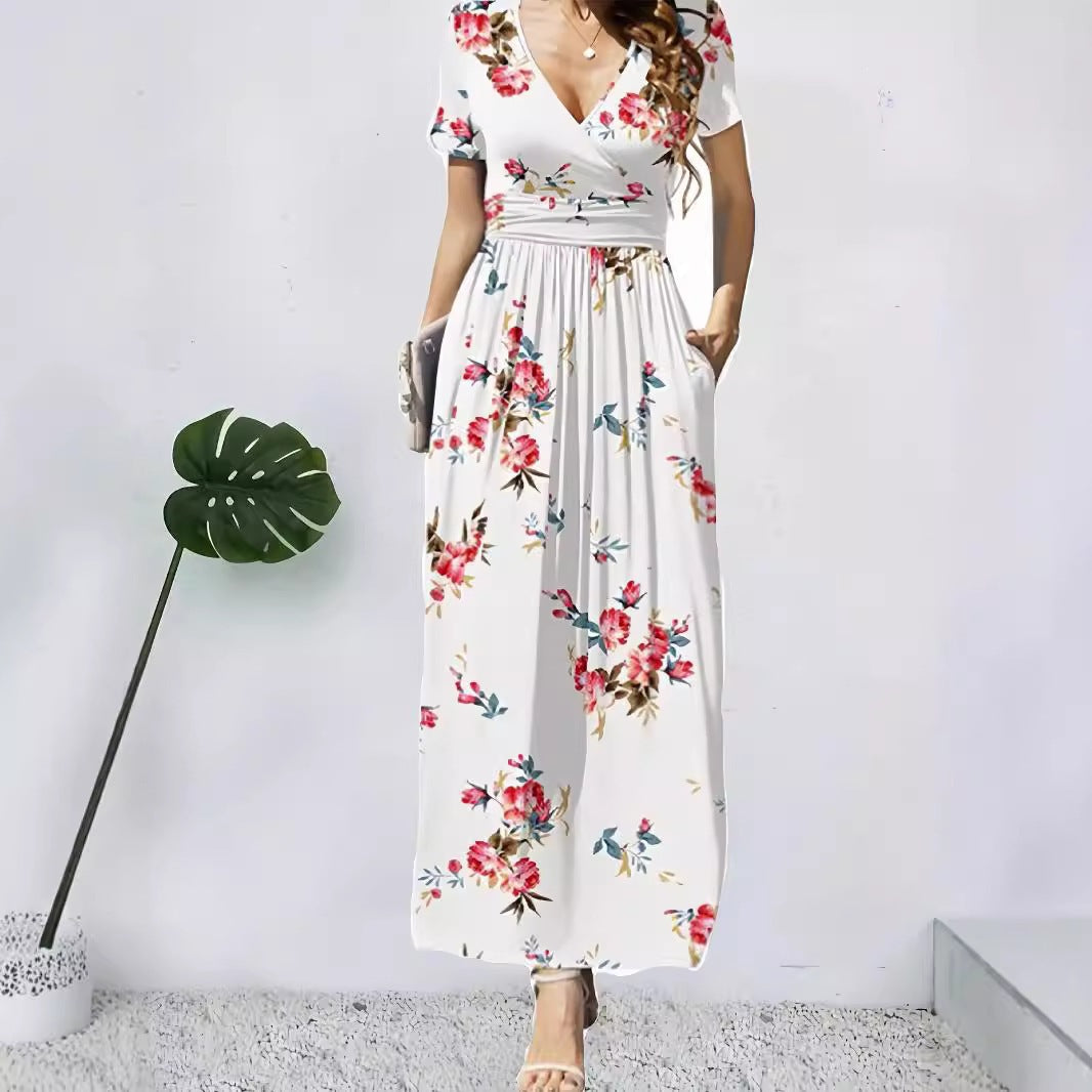Bedrucktes V-Neck Sommerkleid mit kurzen Ärmeln – Bild 6 | LuxeStyle