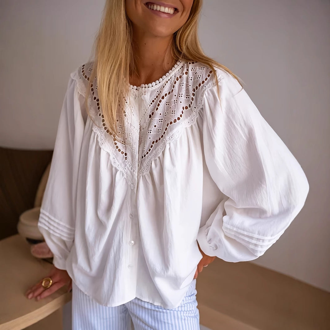 Gehäkeltes Langarmshirt mit Spitzenbesatz – Bild 4 | LuxeStyle