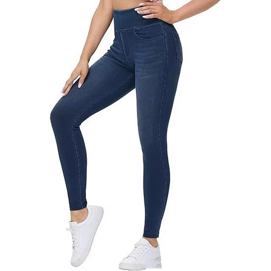 Hohe, elastische Faux-Denim-Hosen