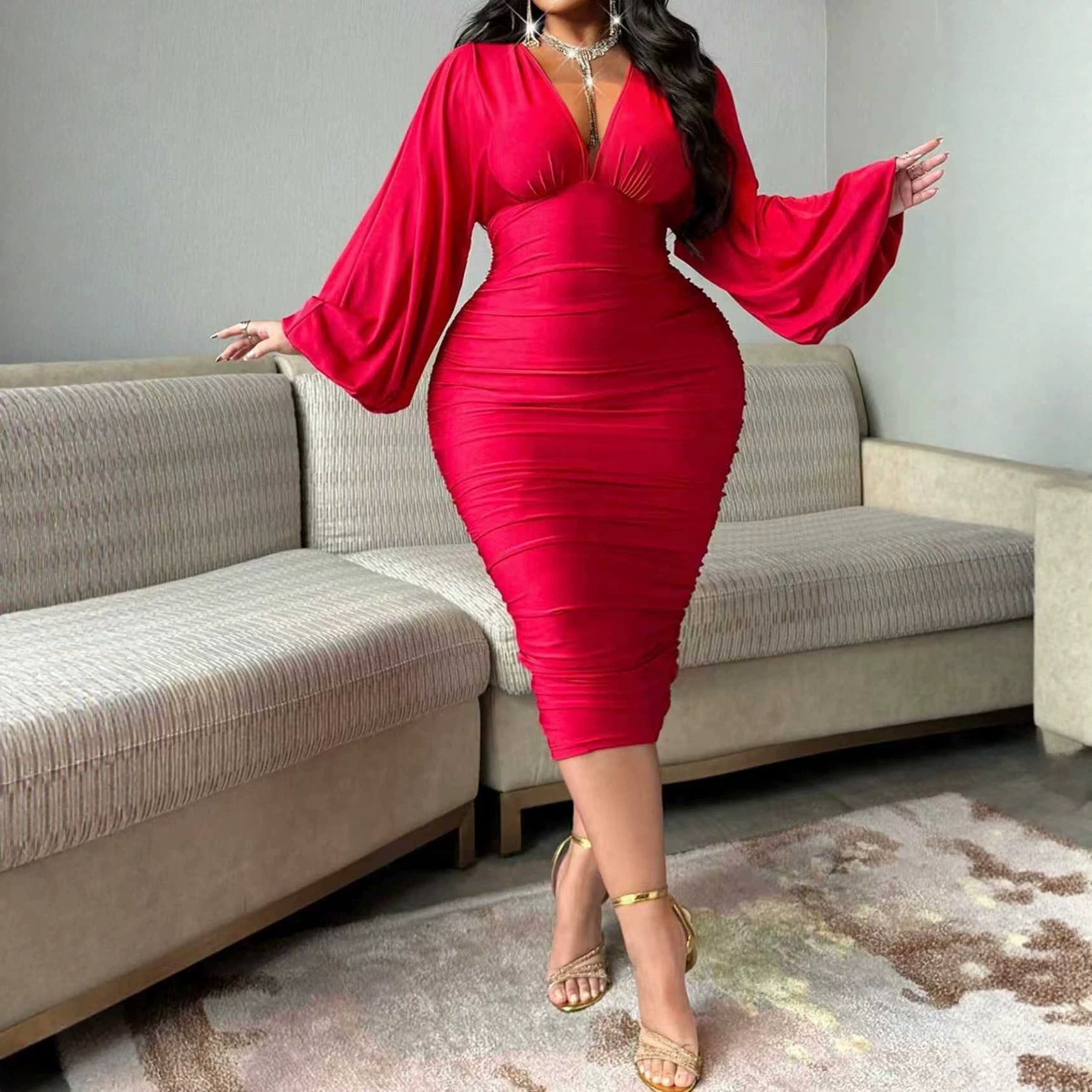 Elegantes V-Ausschnitt Strickkleid in Rot