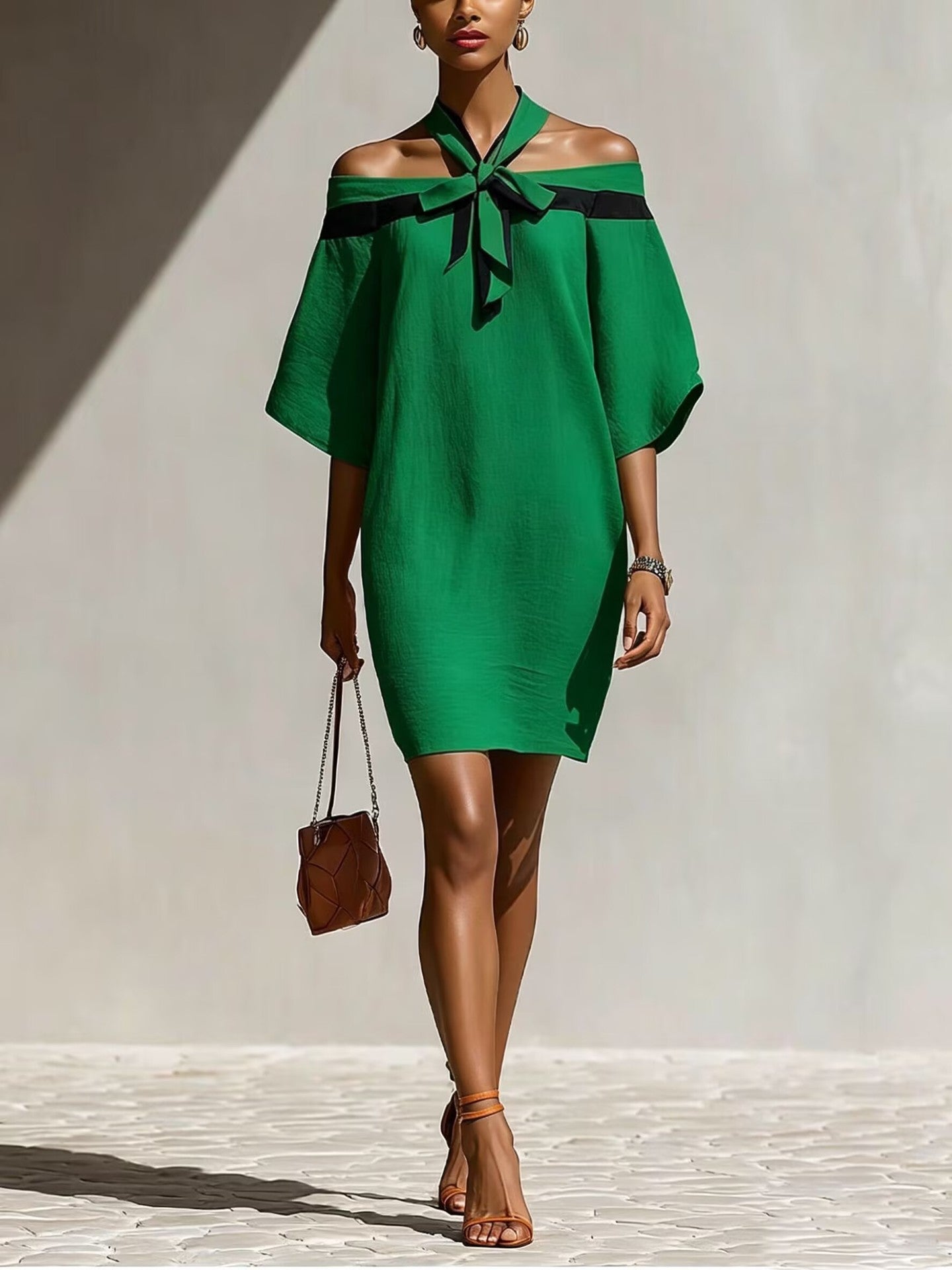 Off-Shoulder A-Linien-Kleid mit Schleife
