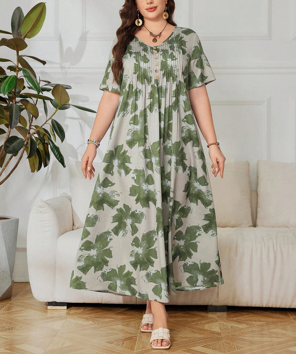 Bedrucktes V-Ausschnitt A-Linien Kleid