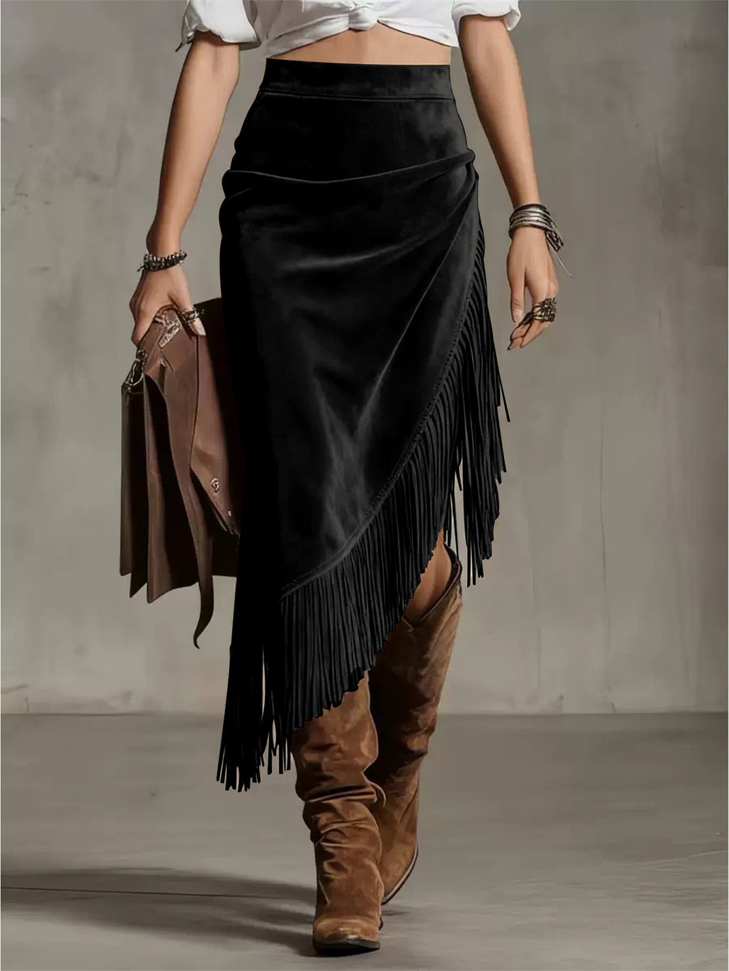 High-Waisted Wildleder-Fransenrock für Damen