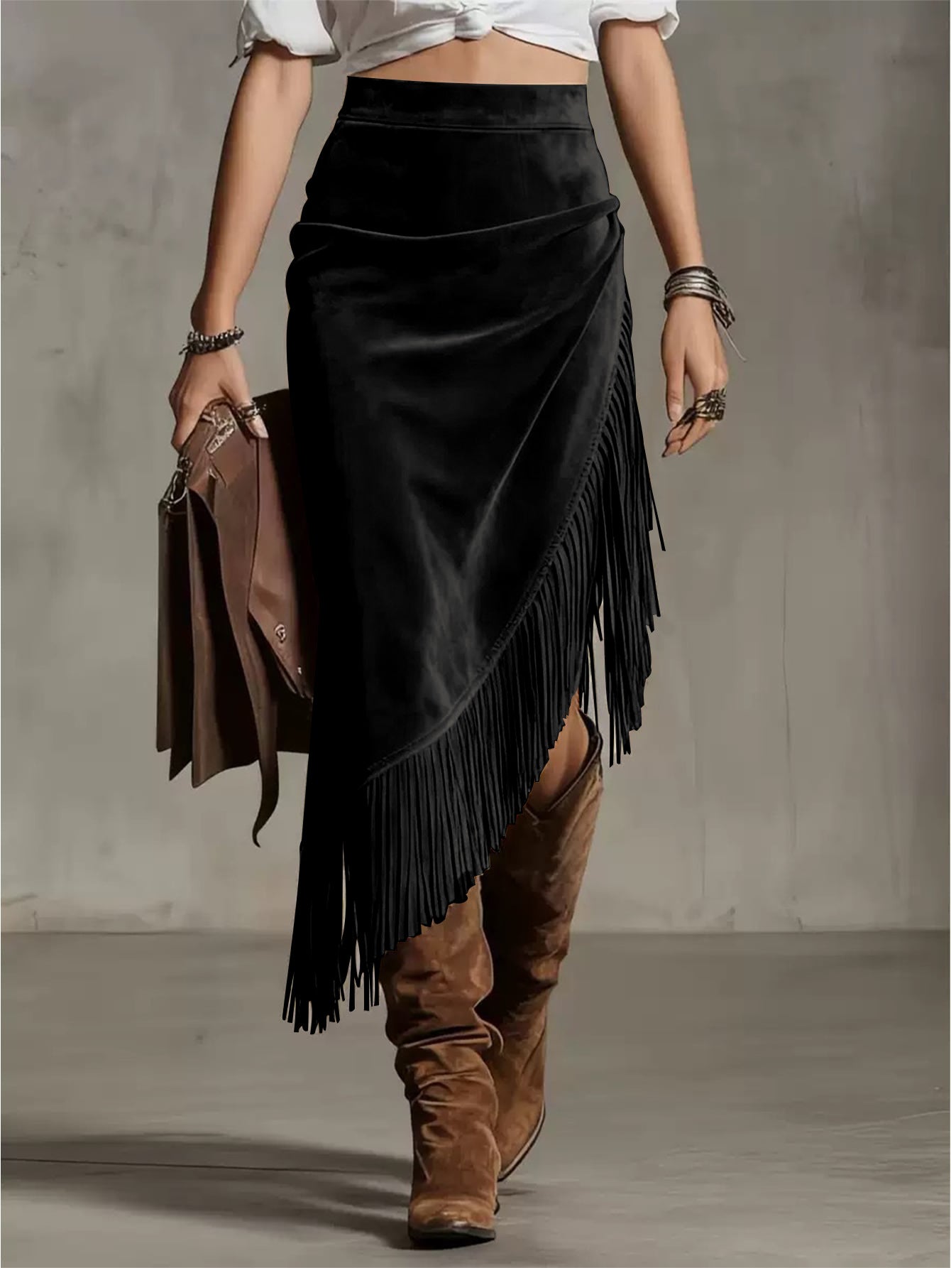 High-Waisted Wildleder-Fransenrock für Damen