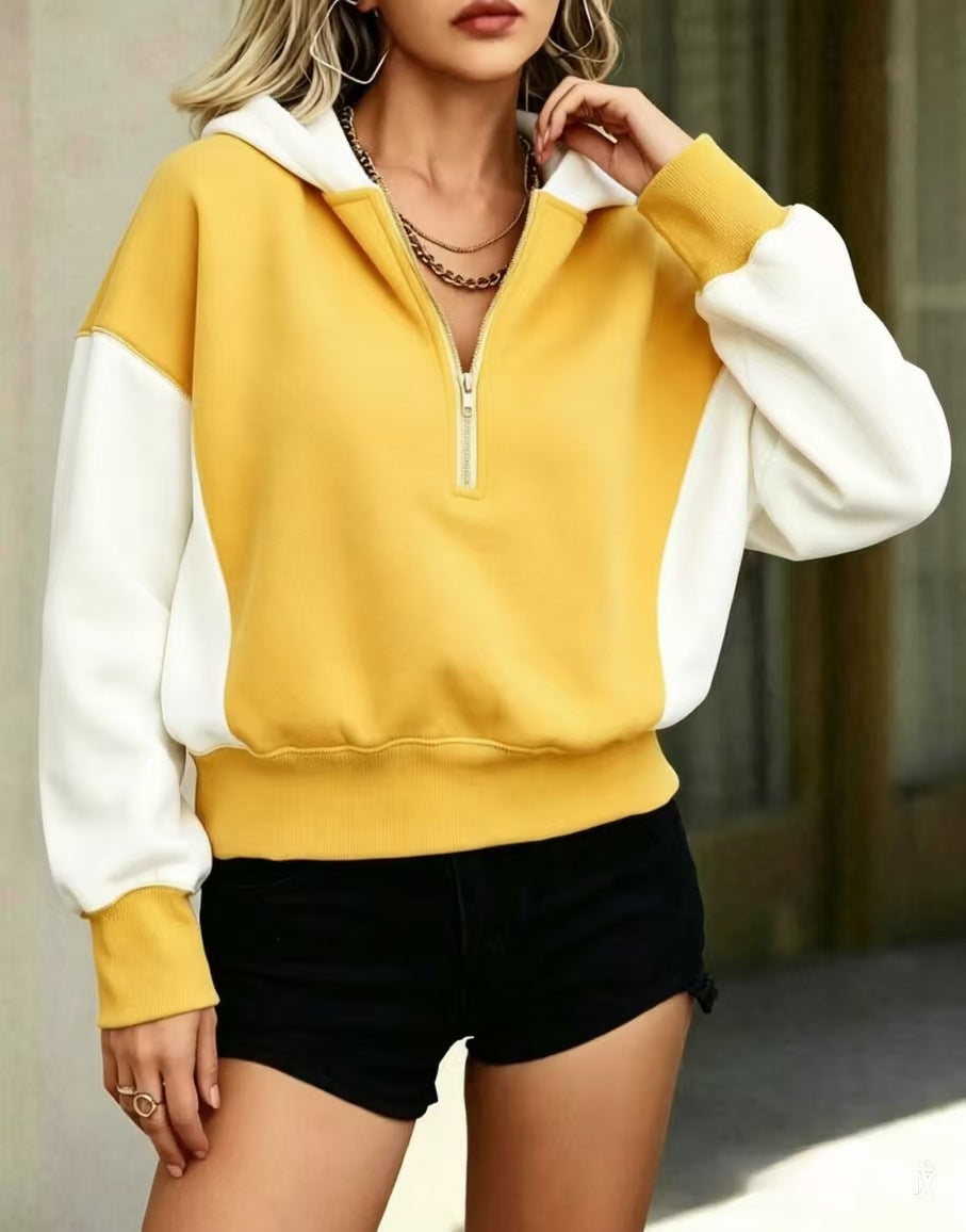 Color-Block Kapuzen-Sweatshirt mit halbem Reissverschluss