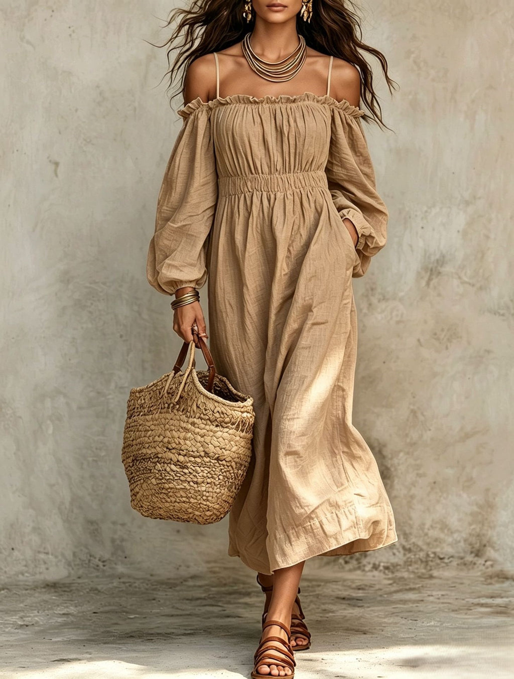 Damen Off-Shoulder Langarm Weit Schnittkleid