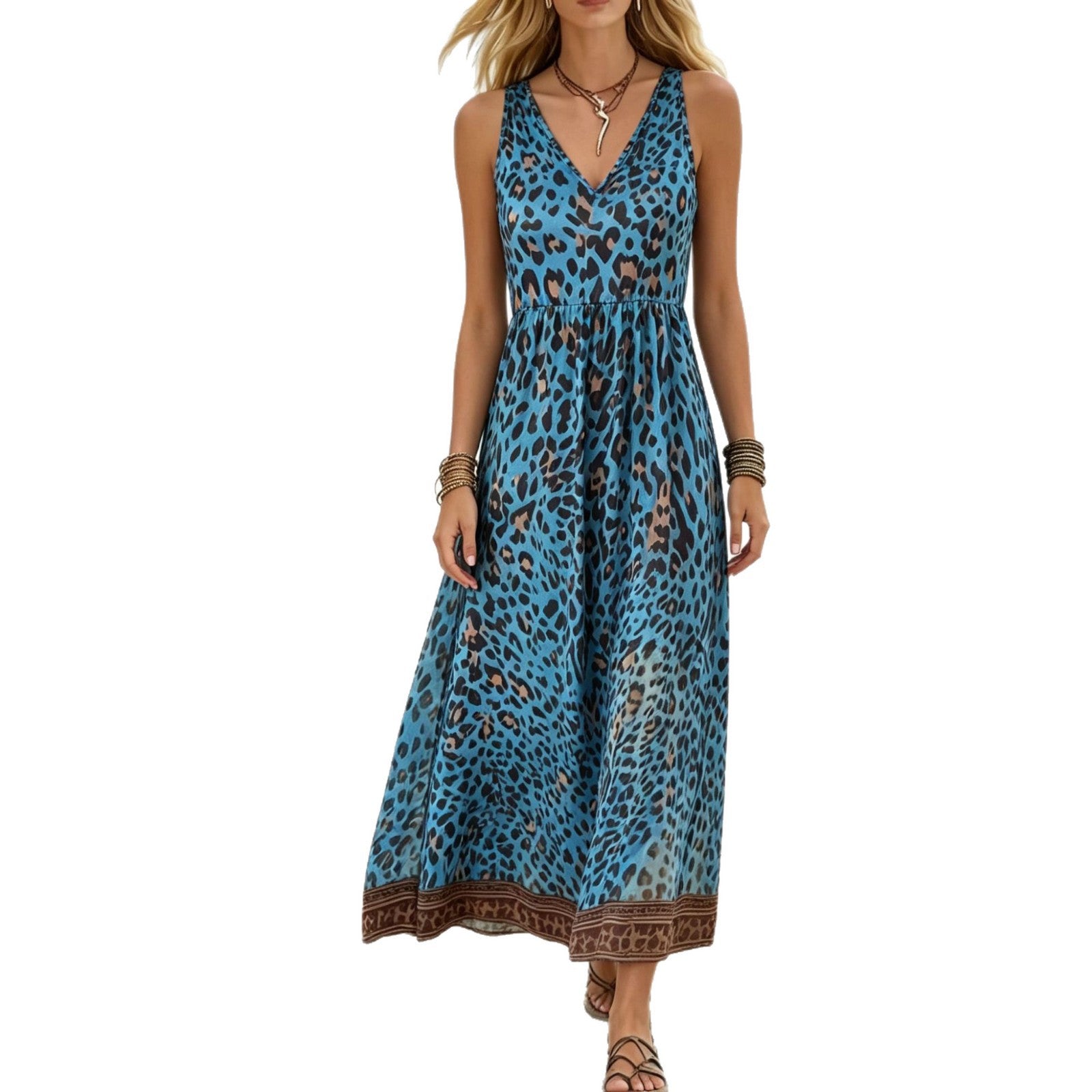 Ärmelloses V-Neck Kleid mit Leo-Print