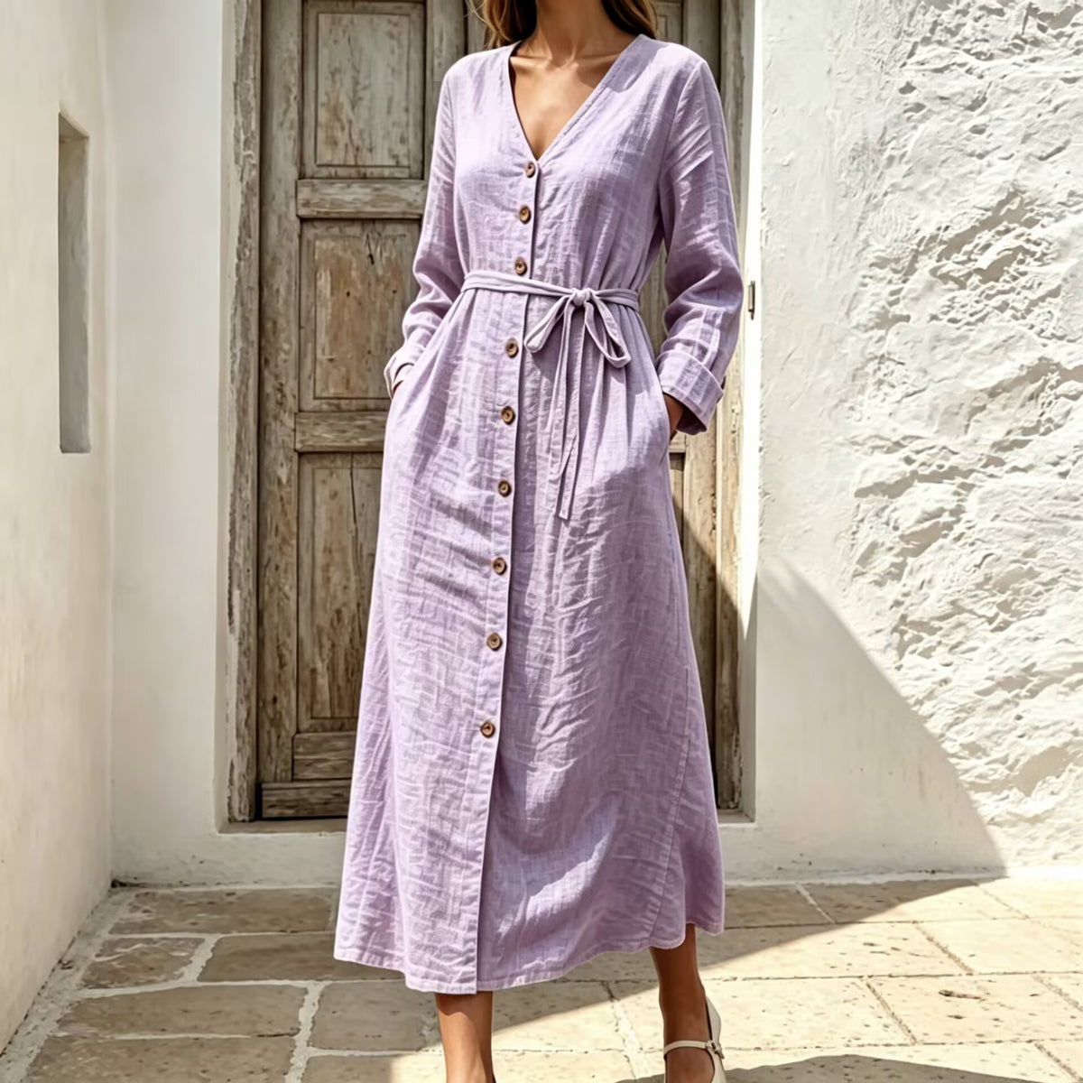 Baumwoll-Leinen V-Ausschnitt Kleid – Bild 6 | LuxeStyle