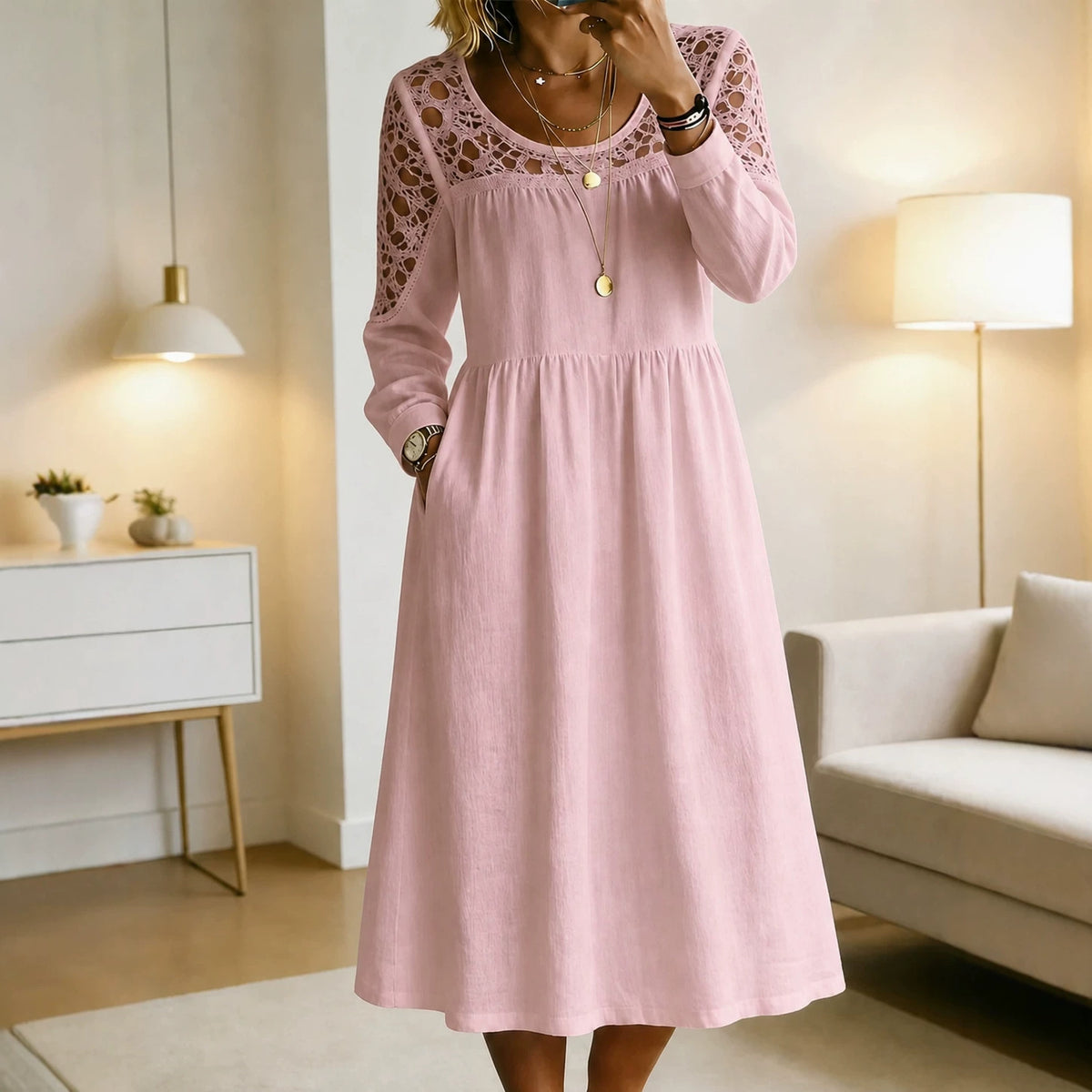 Besticktes A-Linien Midikleid aus Leinenmix – Bild 4 | LuxeStyle
