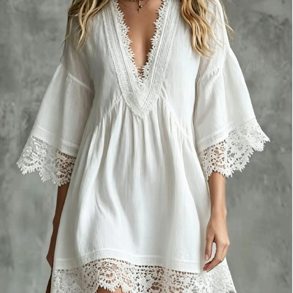 Elegantes Midi-Kleid mit V-Ausschnitt & Spitze