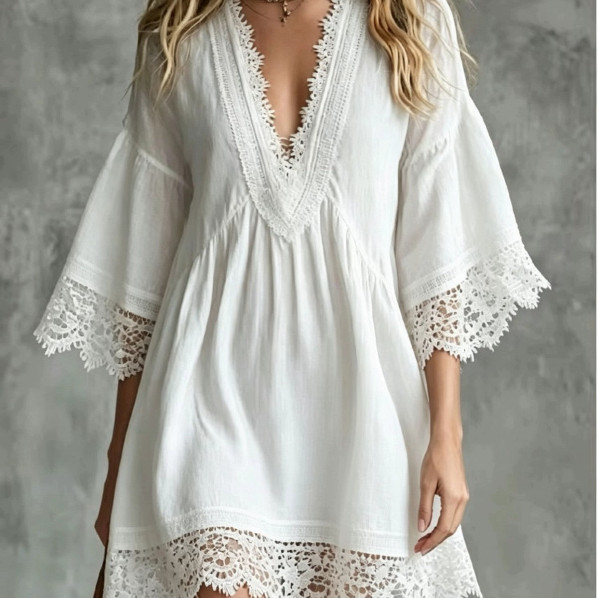 Elegantes Midi-Kleid mit V-Ausschnitt & Spitze