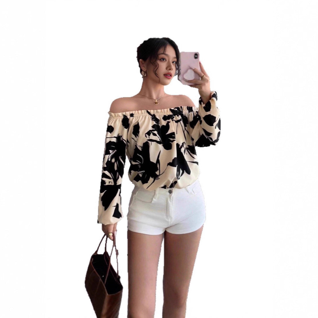 Off-Shoulder Shirt mit Pflanzen‑Print | LuxeStyle