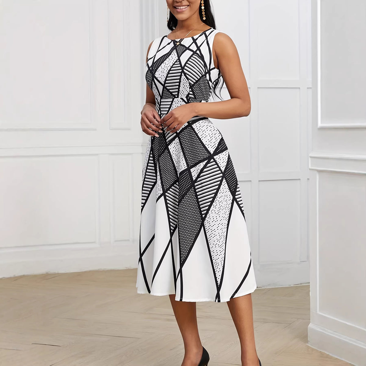Ärmelloses A-Linien Kleid mit geometrischem Muster – Bild 3 | LuxeStyle