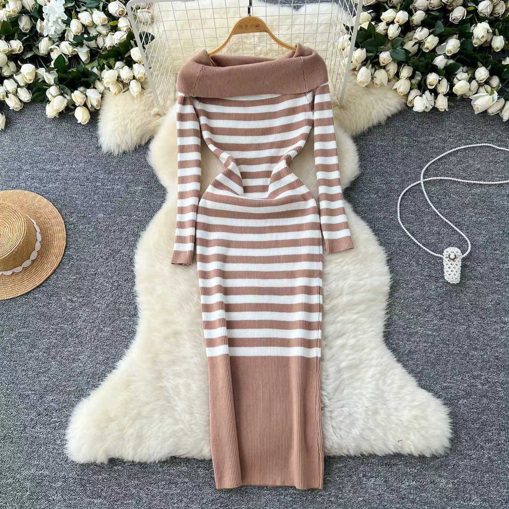 Schulterfreies Strickkleid gestreift – Bild 5 | LuxeStyle
