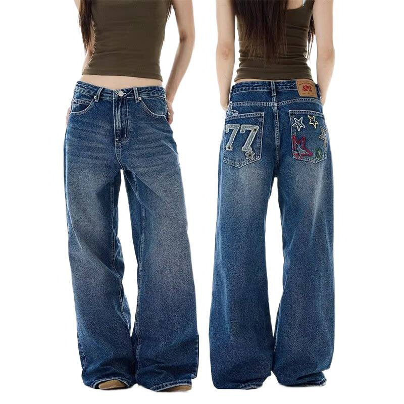 Jeans mit hoher Taille, lockere Passform und Vintage-Stickerei
