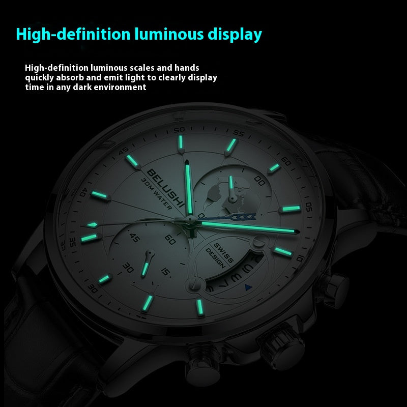 Business Herrenuhr mit Leuchtzeigern und Lederarmband