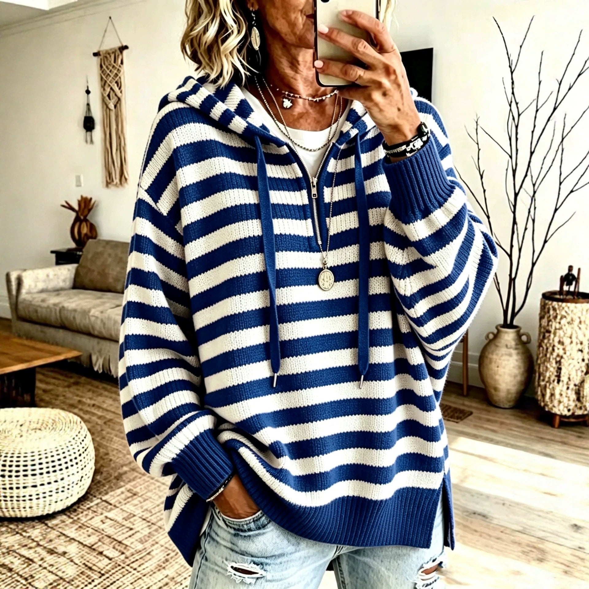 Gestreifter Half-Zip Pullover mit Stehkragen