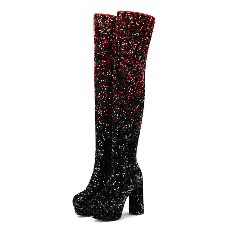 Sequen-Schuhe mit Stilettoabsatz, Überknie